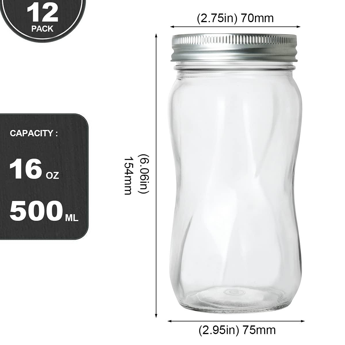 16oz Regular Mouth Mason Jars 12 Pack with Lids & Bands U887