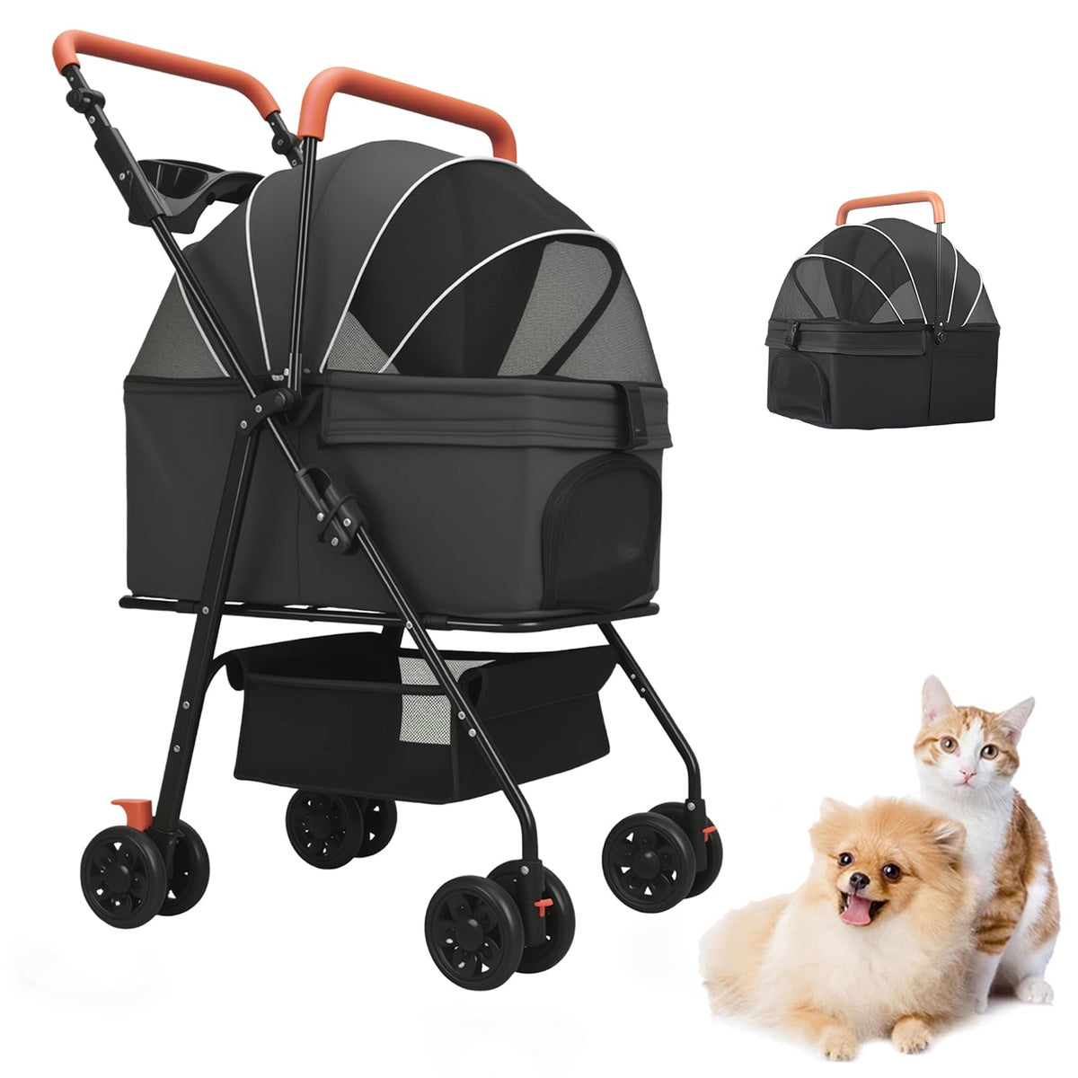 Black Foldable Pet Stroller with Storage Basket B613257