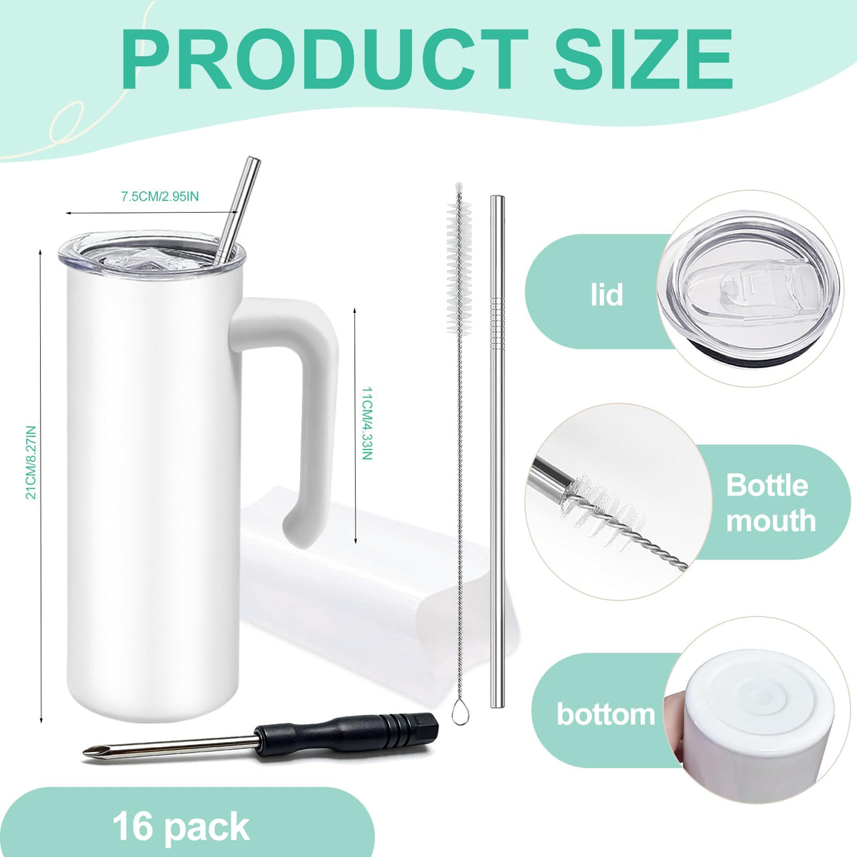 16 Pack 20 oz Stainless Steel Sublimation Tumblers with Straw & Lids Z435