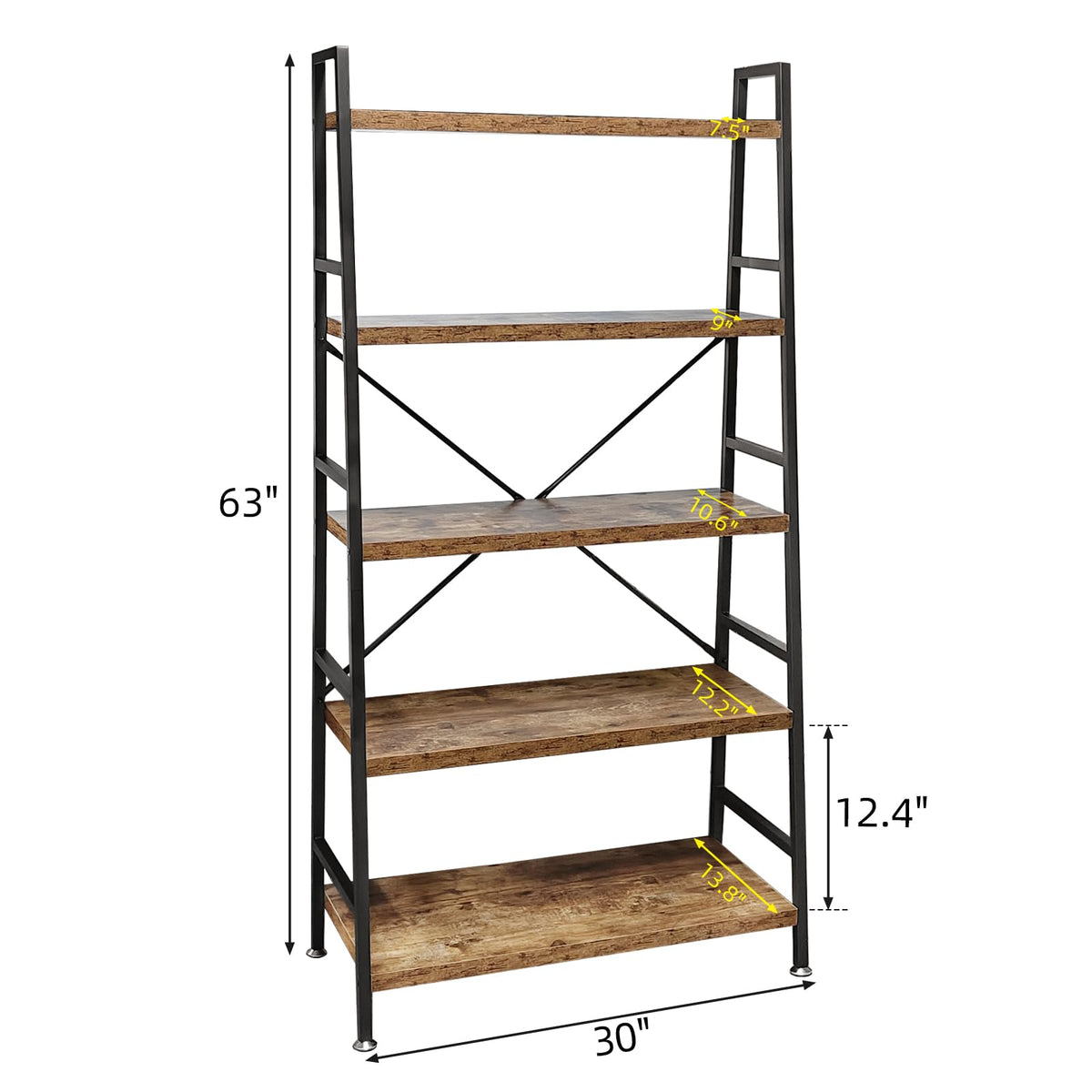 5 Tier Rustic Brown Wood and Metal Bookshelf Z904119