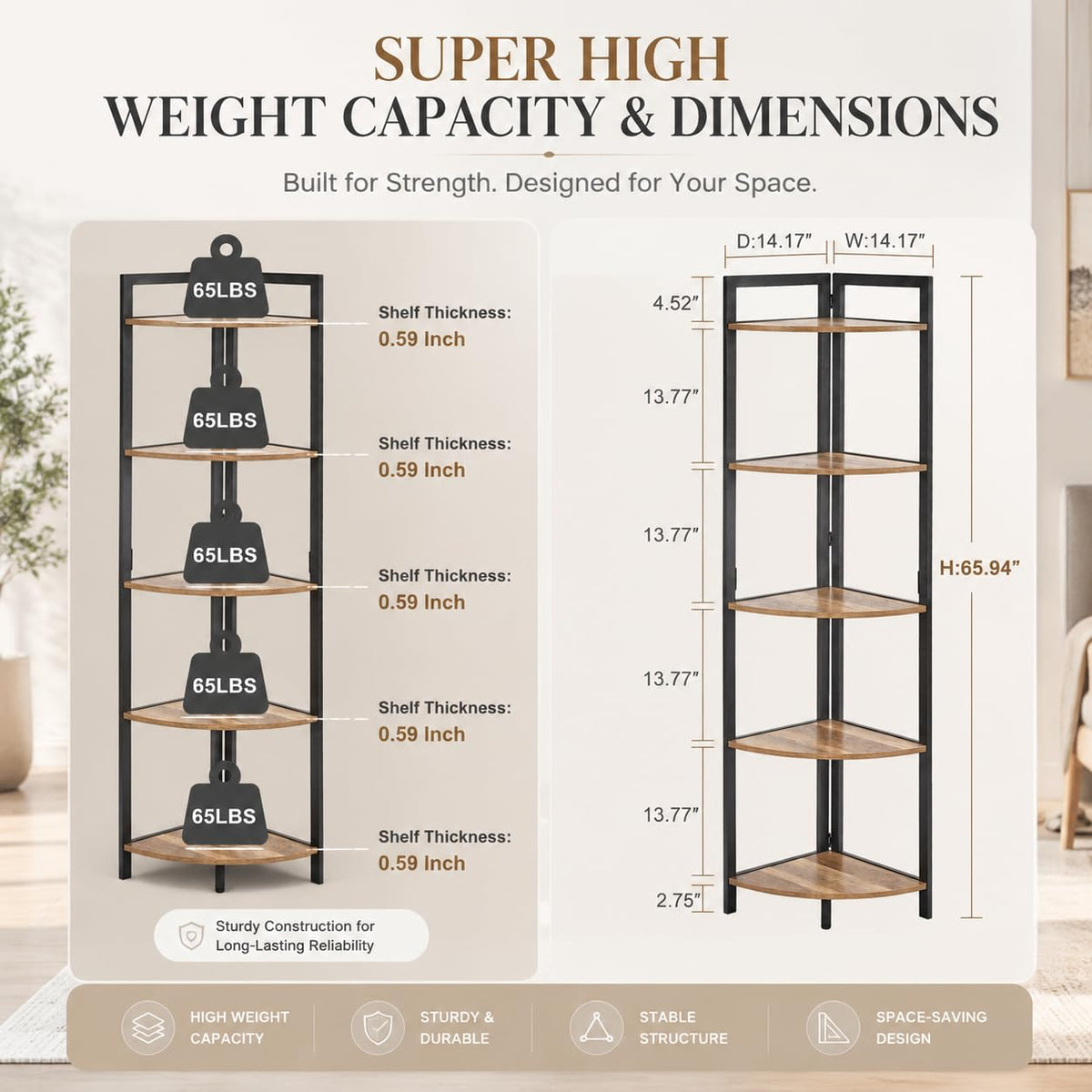 Tall Wood and Metal Corner Bookshelf F4517