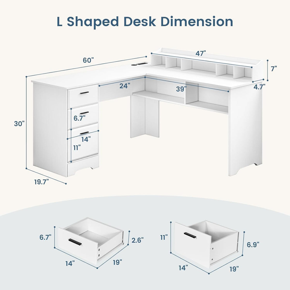 60" White L Shaped Desk with File Drawers H6842
