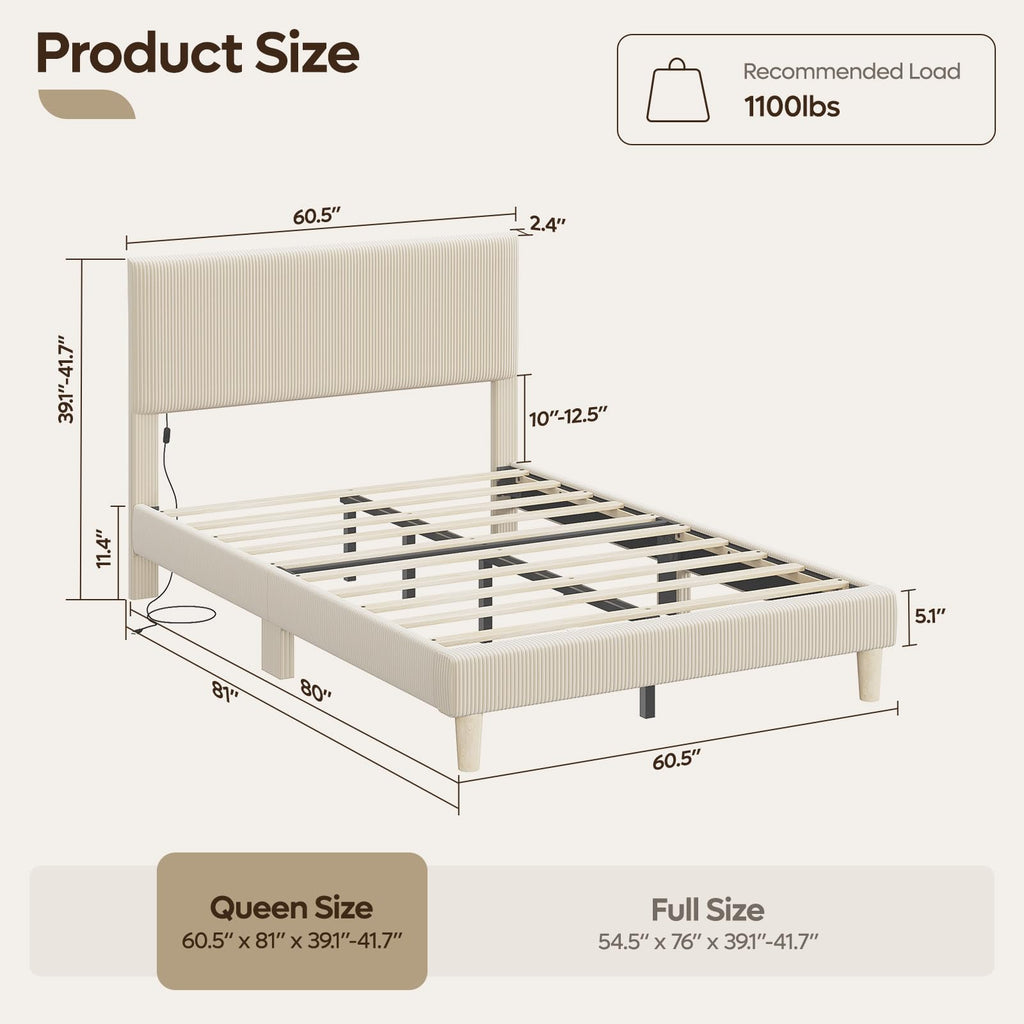 Queen Bed Frame with Headboard LED Lighting, Upholstered, Beige J67460