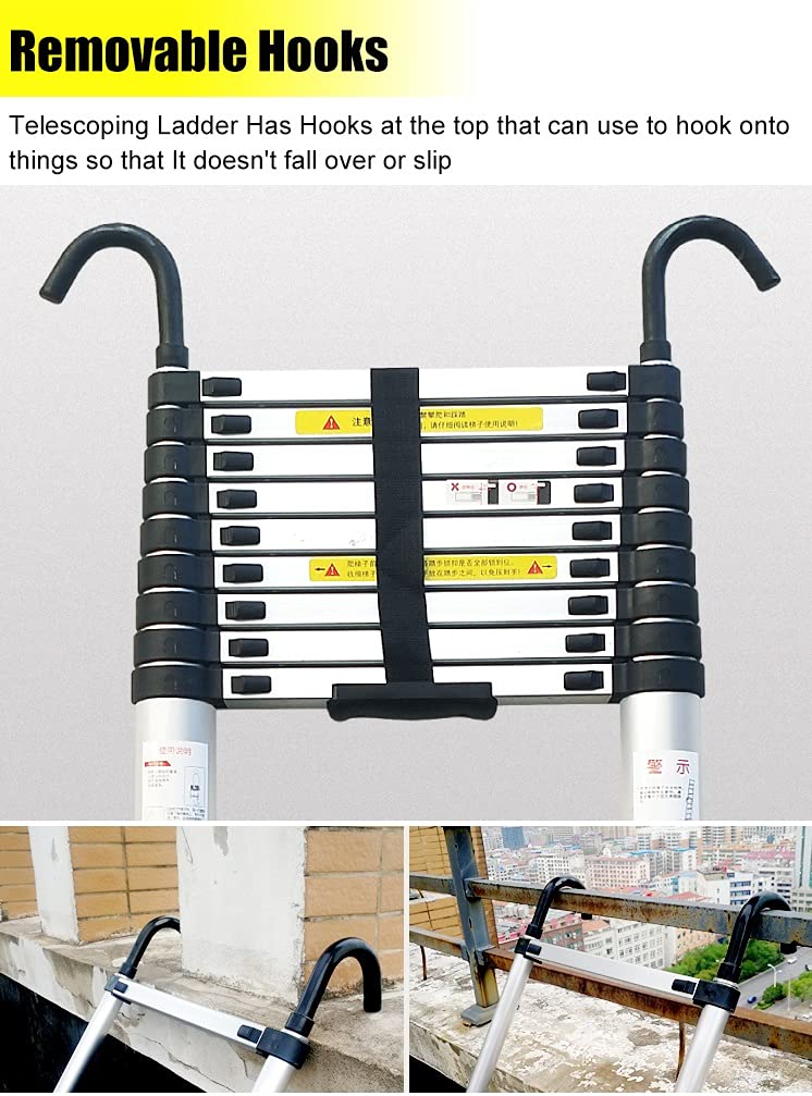 Telescopic Ladder 20ft/23ft/26ft Aluminum with Hook & Stabilizer Bar G308156