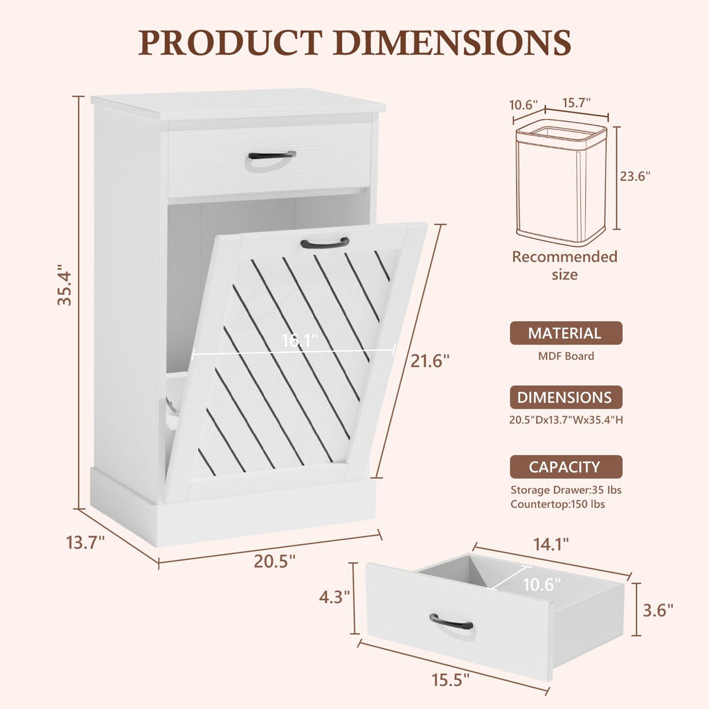 White 13 Gallon Tilt Out Wooden Trash Can Cabinet with Drawer S226580
