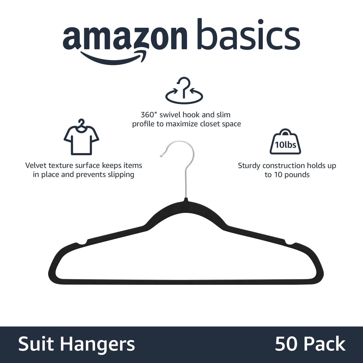 Slim Velvet Non-Slip Suit Hangers, Black, 50-Pack X327