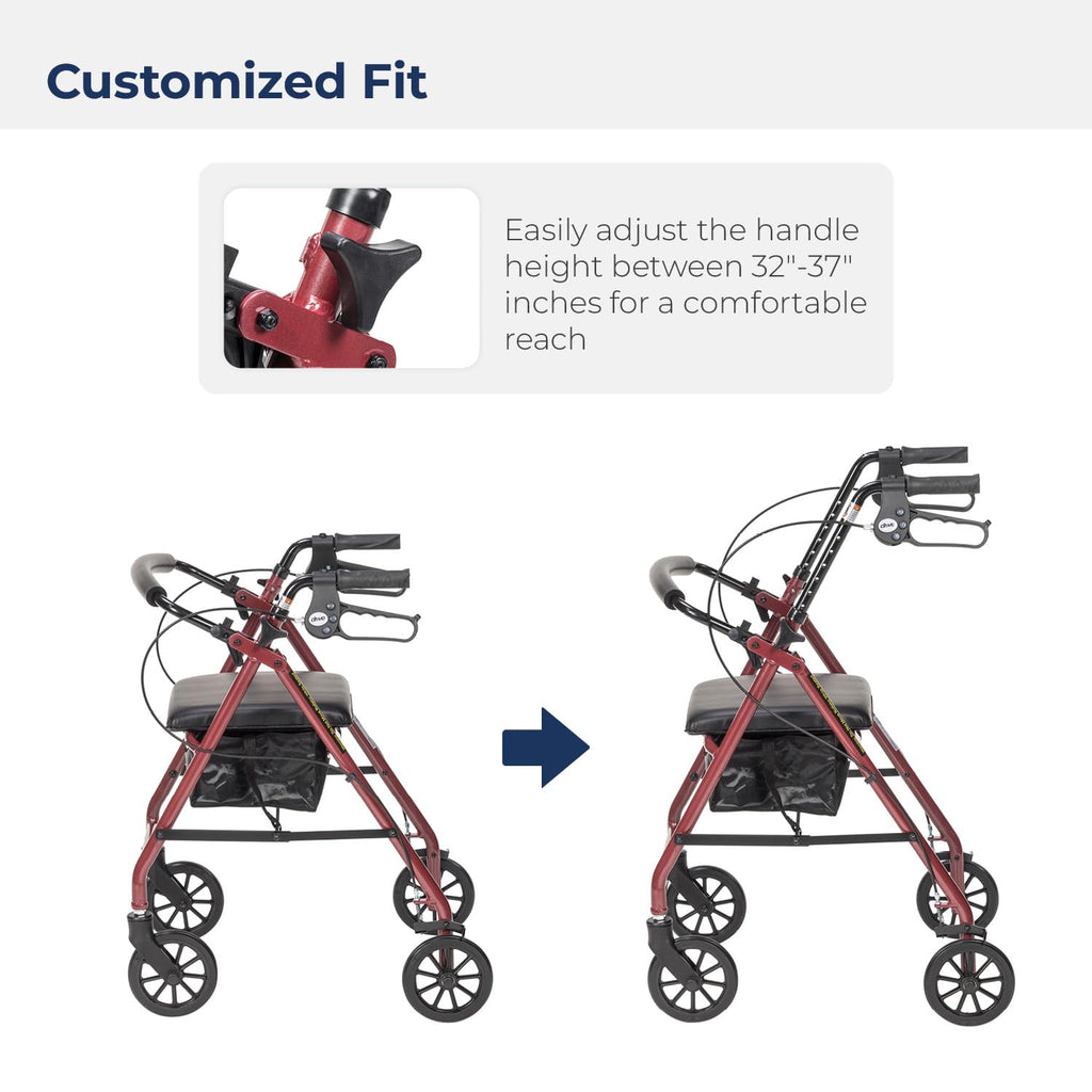 Red Aluminum Rollator Walker with Padded Seat and 6" Wheels D363