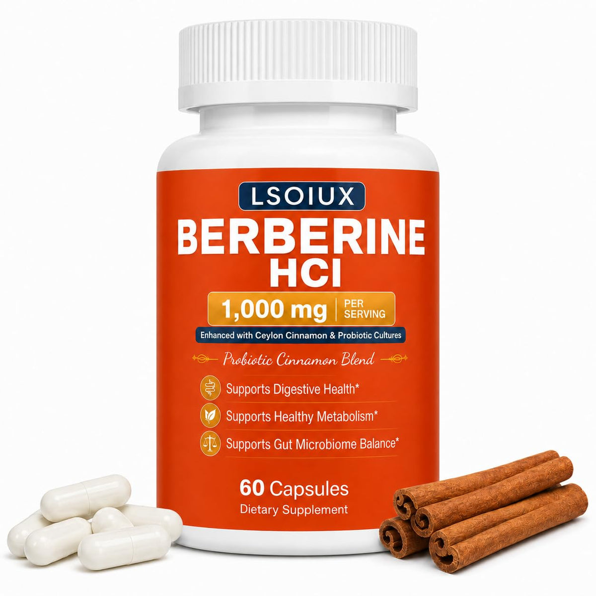 Berberine HCl 1000 mg with Ceylon Cinnamon and Probiotic, 60 Capsules T755637
