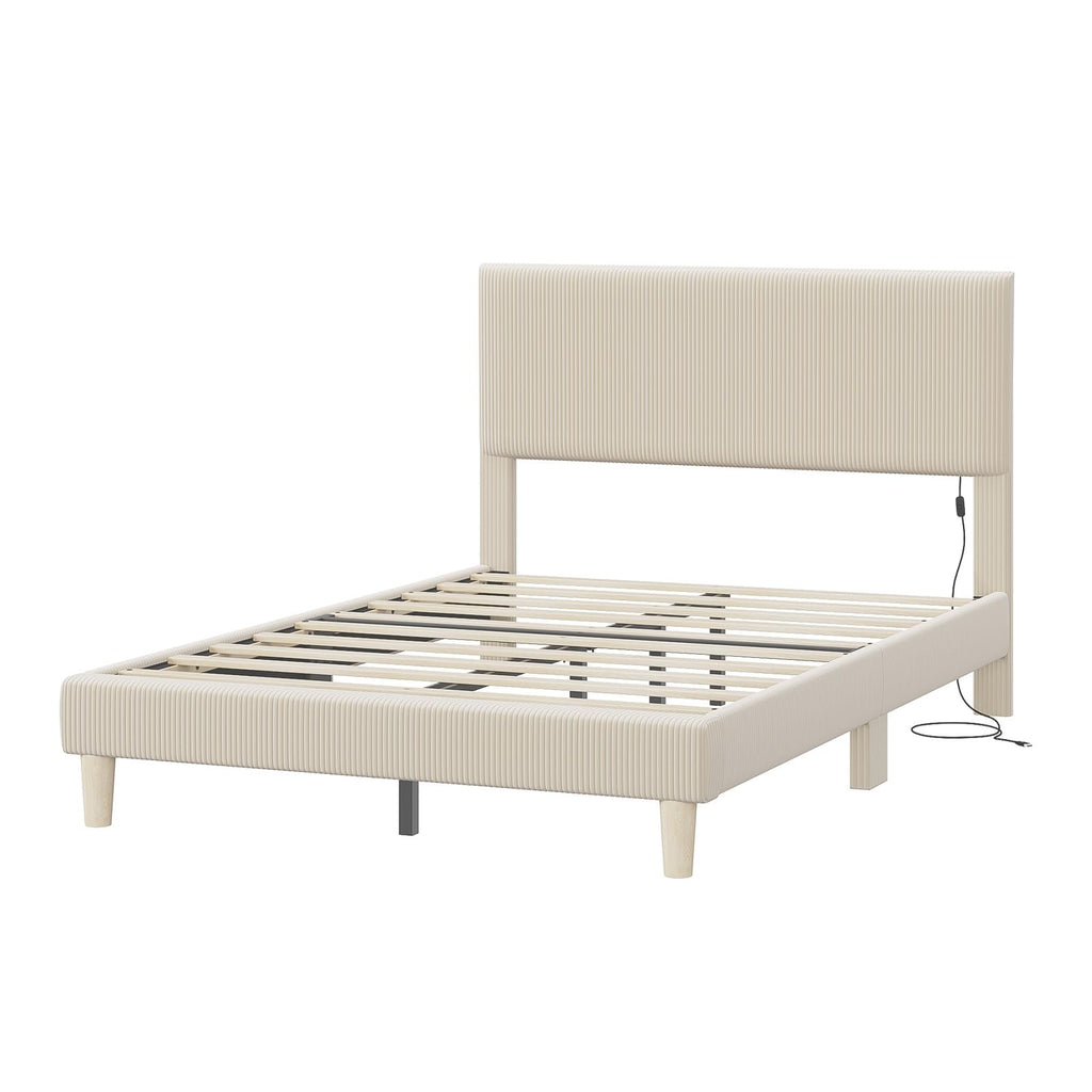 Queen Bed Frame with Headboard LED Lighting, Upholstered, Beige J67460