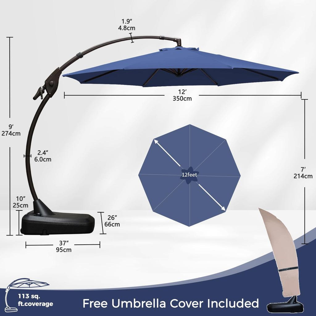 12FT Cantilever Round Umbrella with Base & Cover Navy Blue V5950