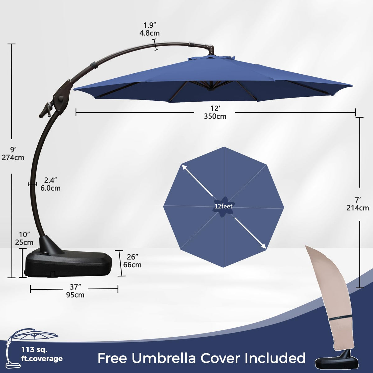 12FT Cantilever Round Umbrella with Base & Cover Navy Blue V5950