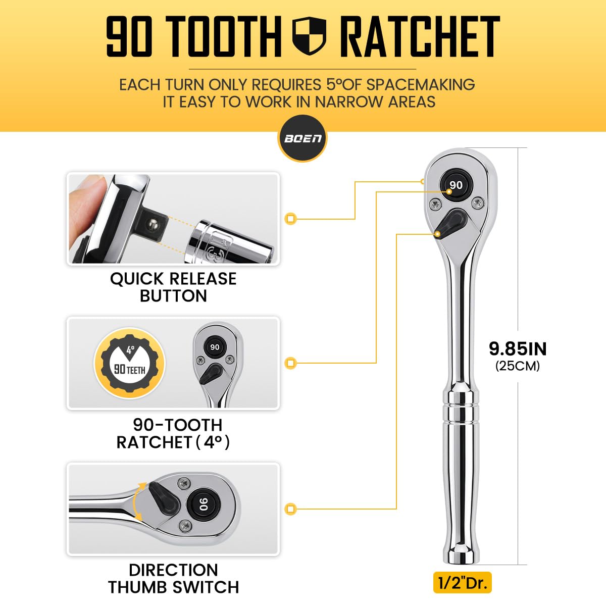 225PCS Mechanic Tool Set, 1/4" & 3/8" & 1/2" Drive Socket Wrench Set, Metric and Standard with 90-Tooth Ratchet Y29836