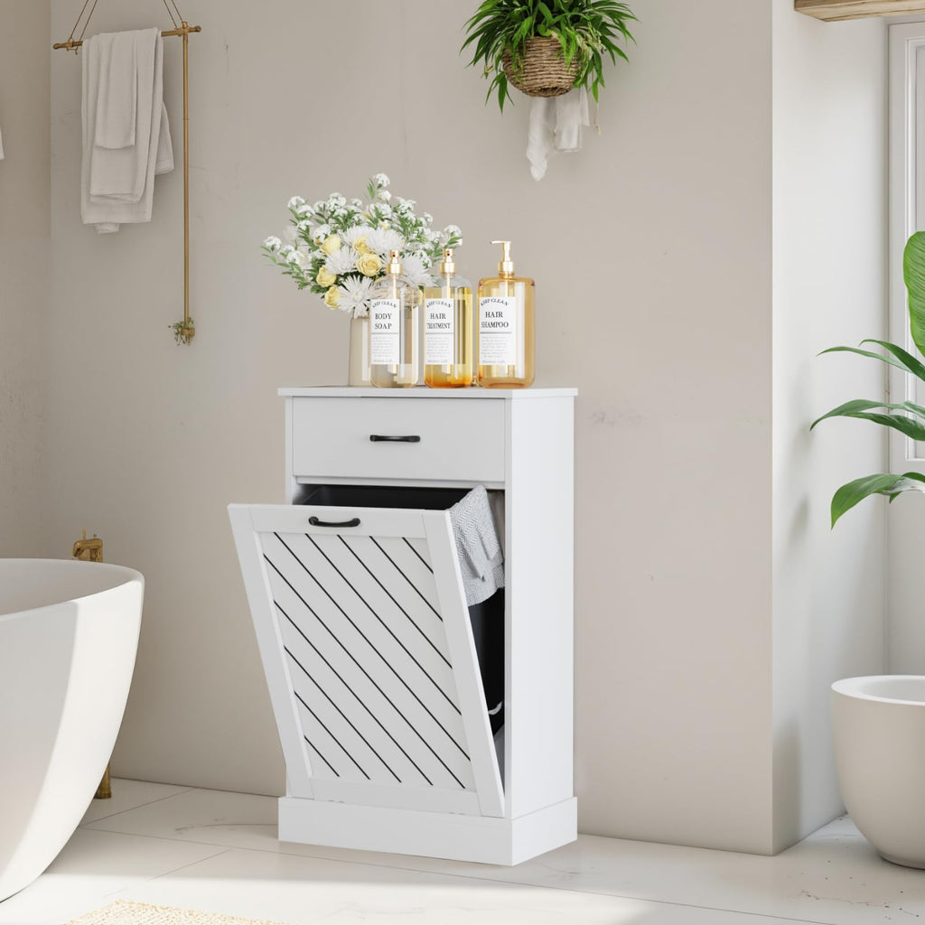 White 13 Gallon Tilt Out Wooden Trash Can Cabinet with Drawer S226580