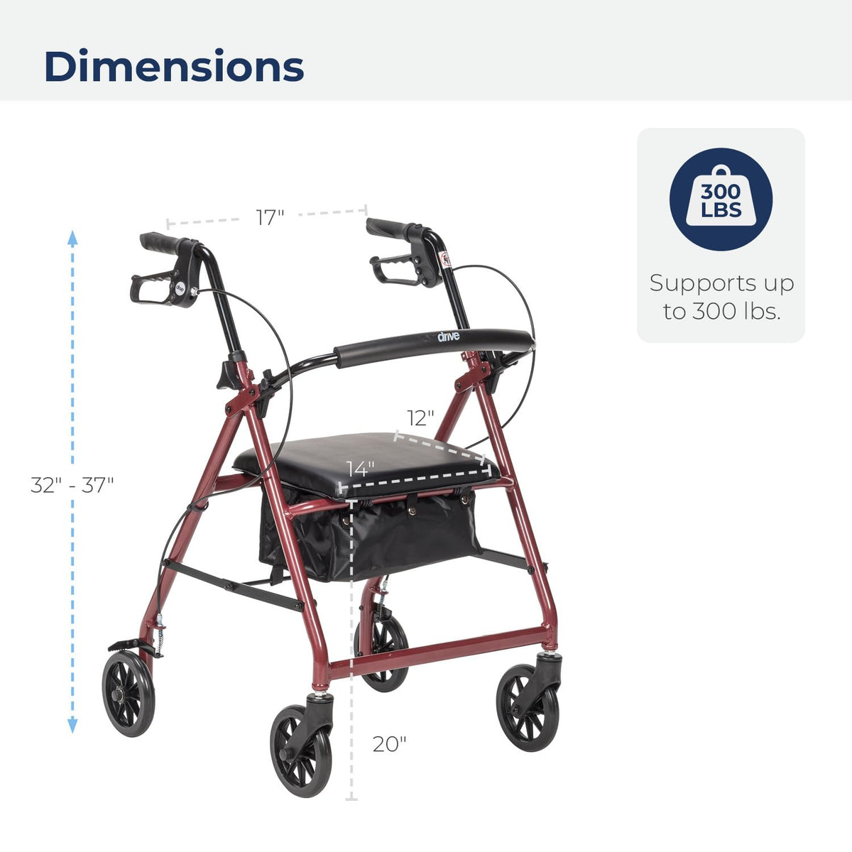 Red Aluminum Rollator Walker with Padded Seat and 6" Wheels D363