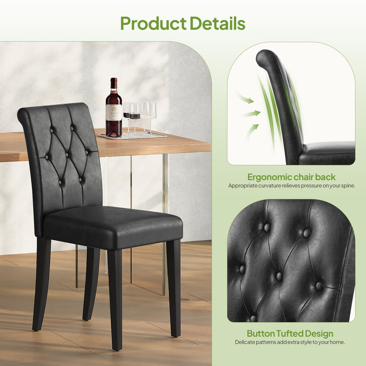 Upholstered Dining Chairs Set of 4 Tufted Wood Legs Jet Black V71682