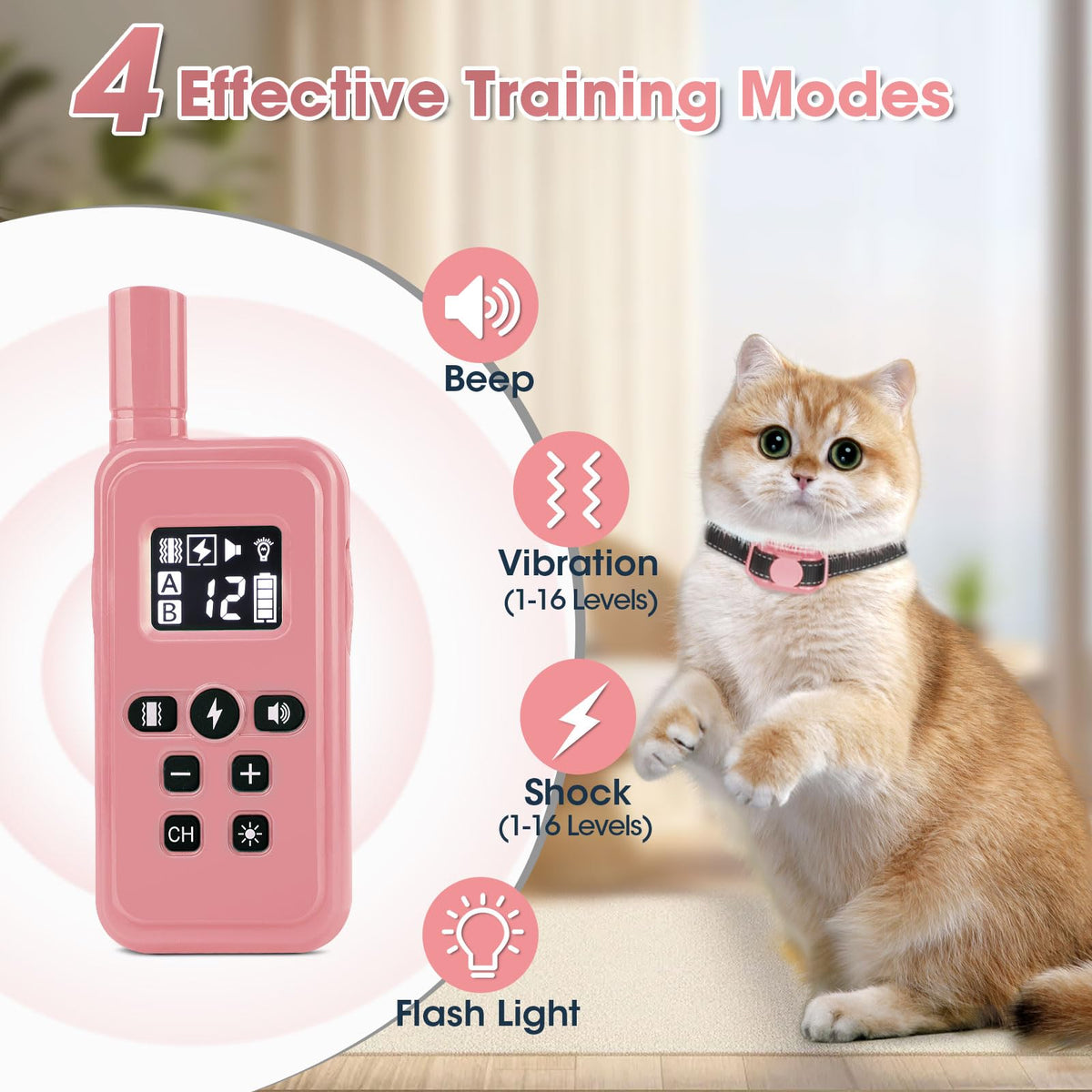 Cat Training Collar with Remote Shock Vibration Beep 3 Modes Waterproof Rechargeable Pink H234941
