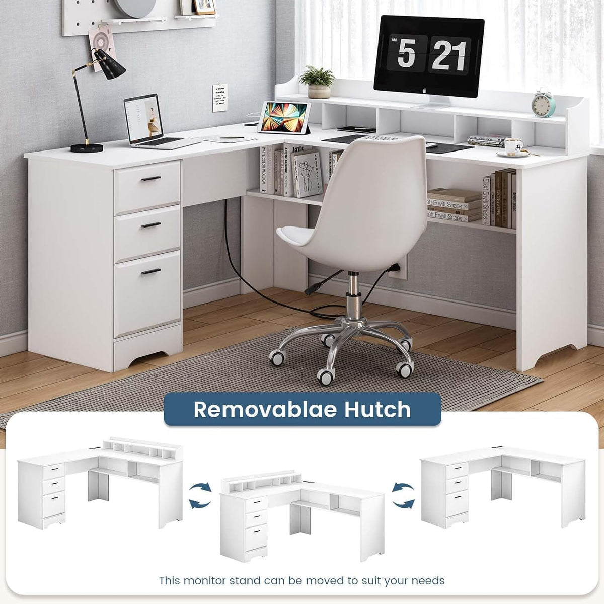 60" White L Shaped Desk with File Drawers H6842