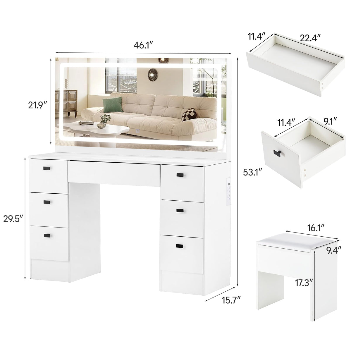 White 7 Drawer Vanity Desk with Mirror and Stool V89815