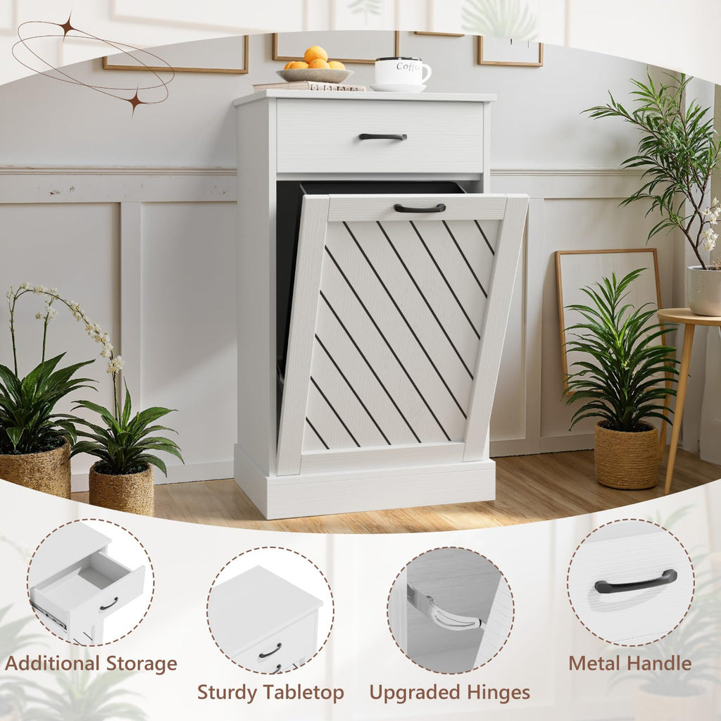 White 13 Gallon Tilt Out Wooden Trash Can Cabinet with Drawer S226580