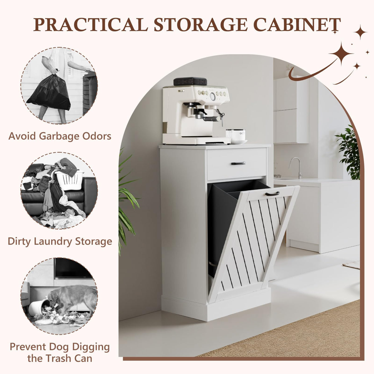 White 13 Gallon Tilt Out Wooden Trash Can Cabinet with Drawer S226580