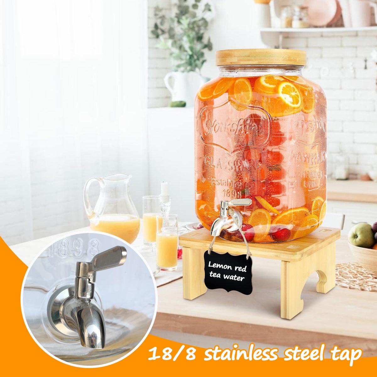 2 Gallon Glass Beverage Dispenser with Wood Stand M6904