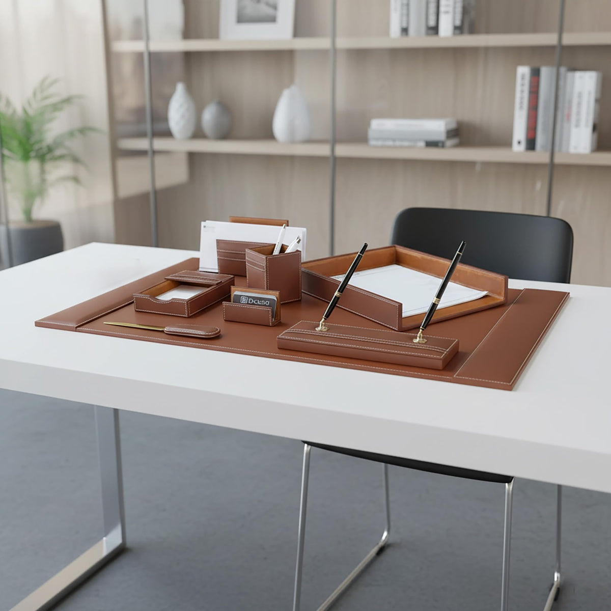 Rustic Brown Leather Desk Set, 8-Piece P595