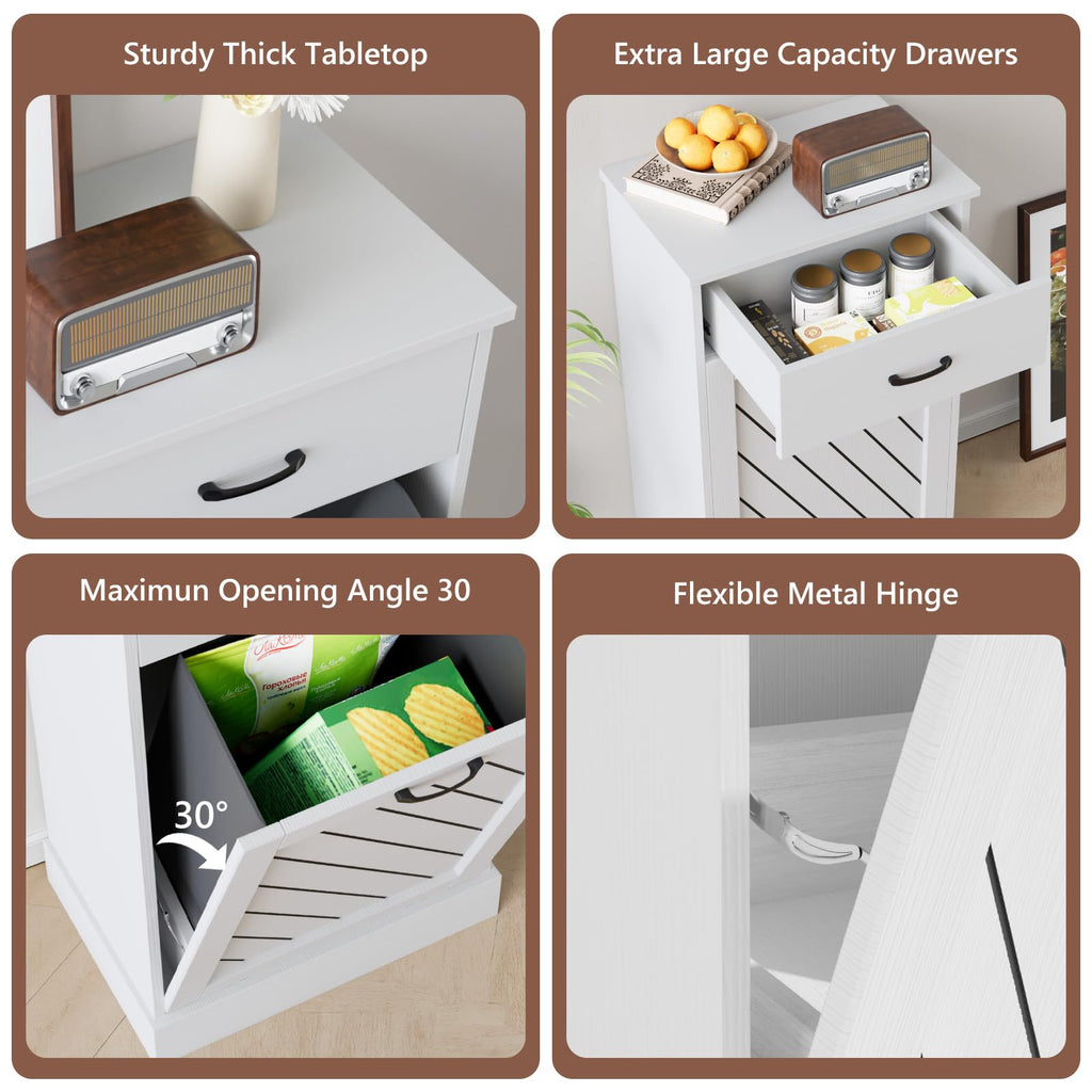 White 13 Gallon Tilt Out Wooden Trash Can Cabinet with Drawer S226580