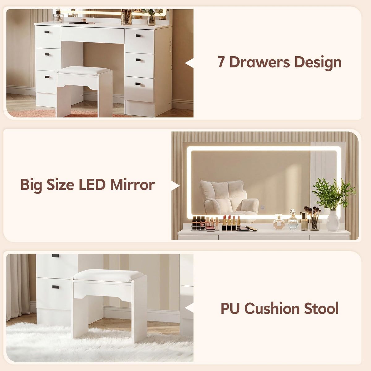 White 7 Drawer Vanity Desk with Mirror and Stool V89815
