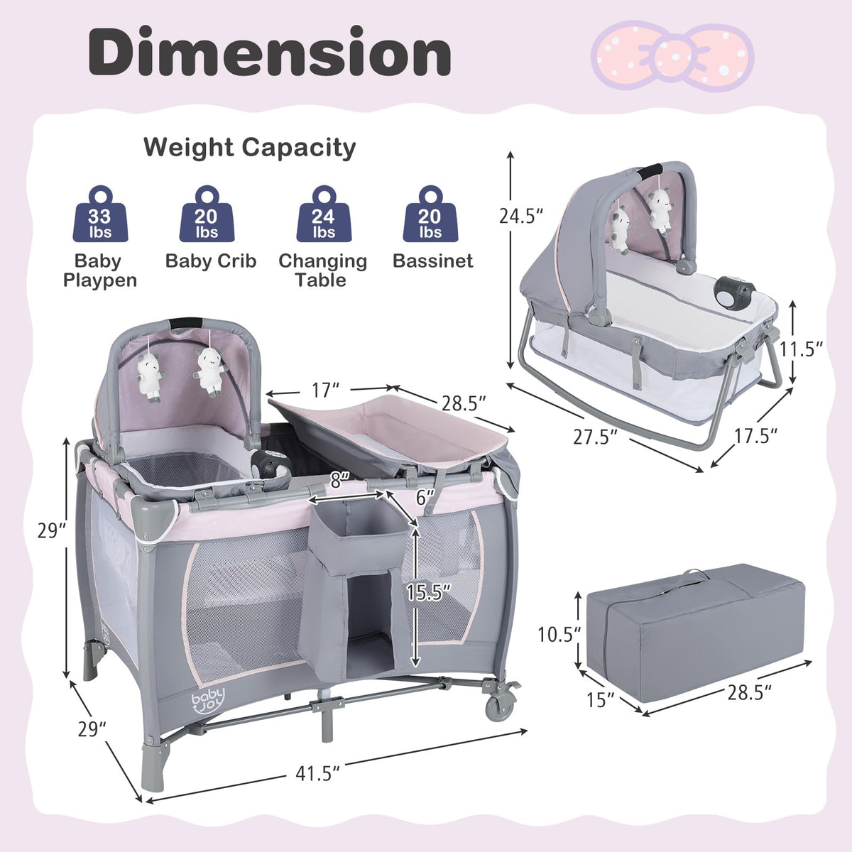 5 in 1 Pack and Play with Bassinet and Diaper Changing Table Y701