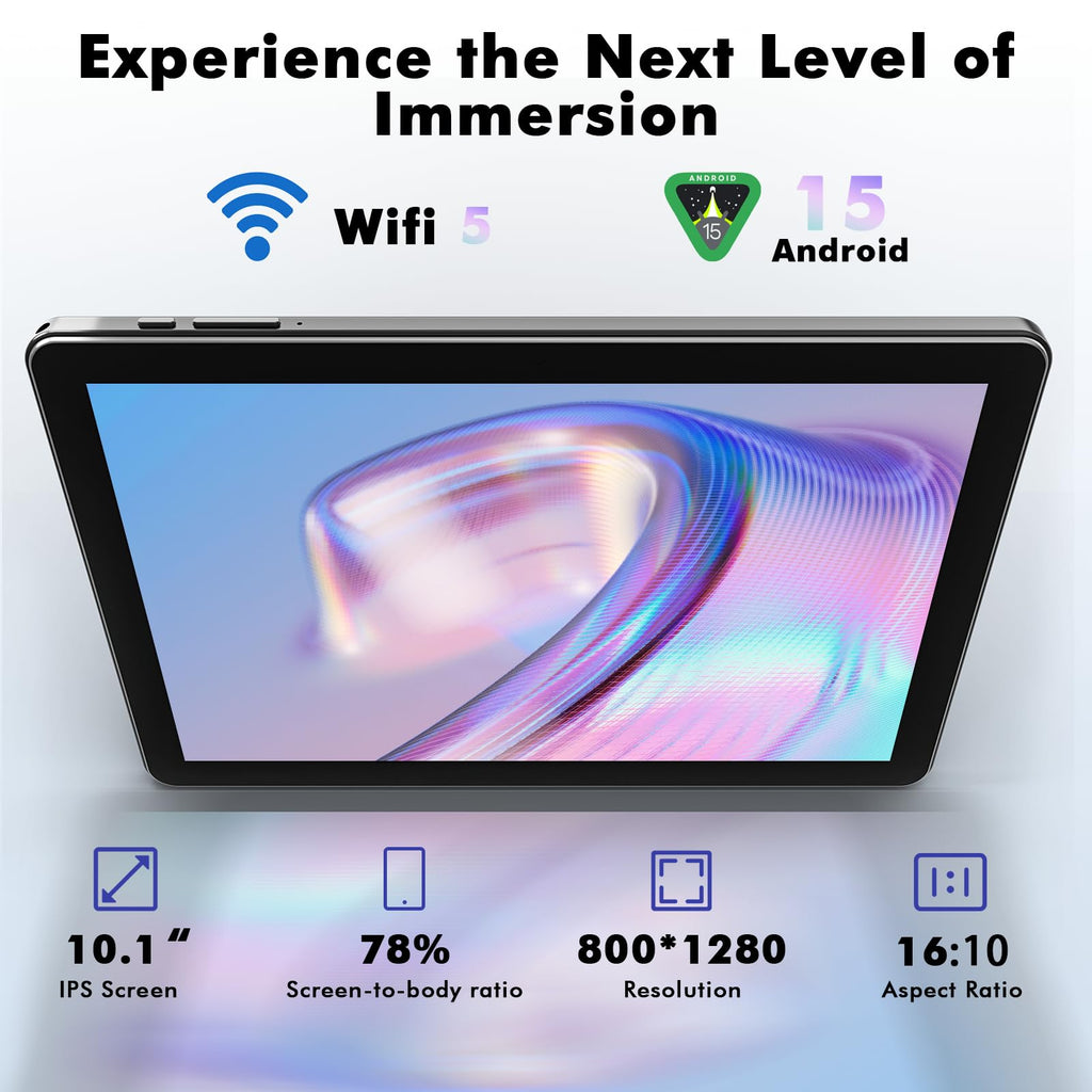 10.1 Inch Android 15 Tablet, 24GB RAM 128GB ROM, 1280 x 800 HD Display, 6000mAh Battery, 5MP+8MP Camera (Black) W205