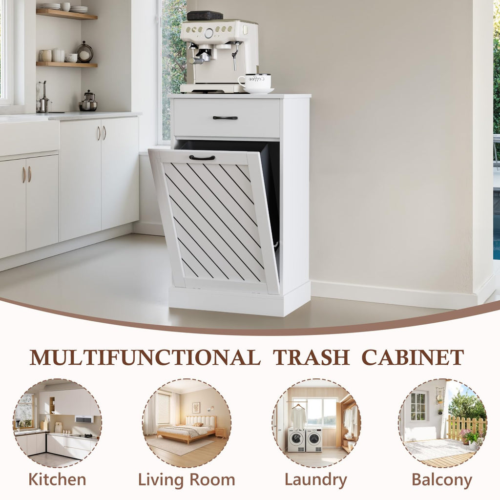 White 13 Gallon Tilt Out Wooden Trash Can Cabinet with Drawer S226580