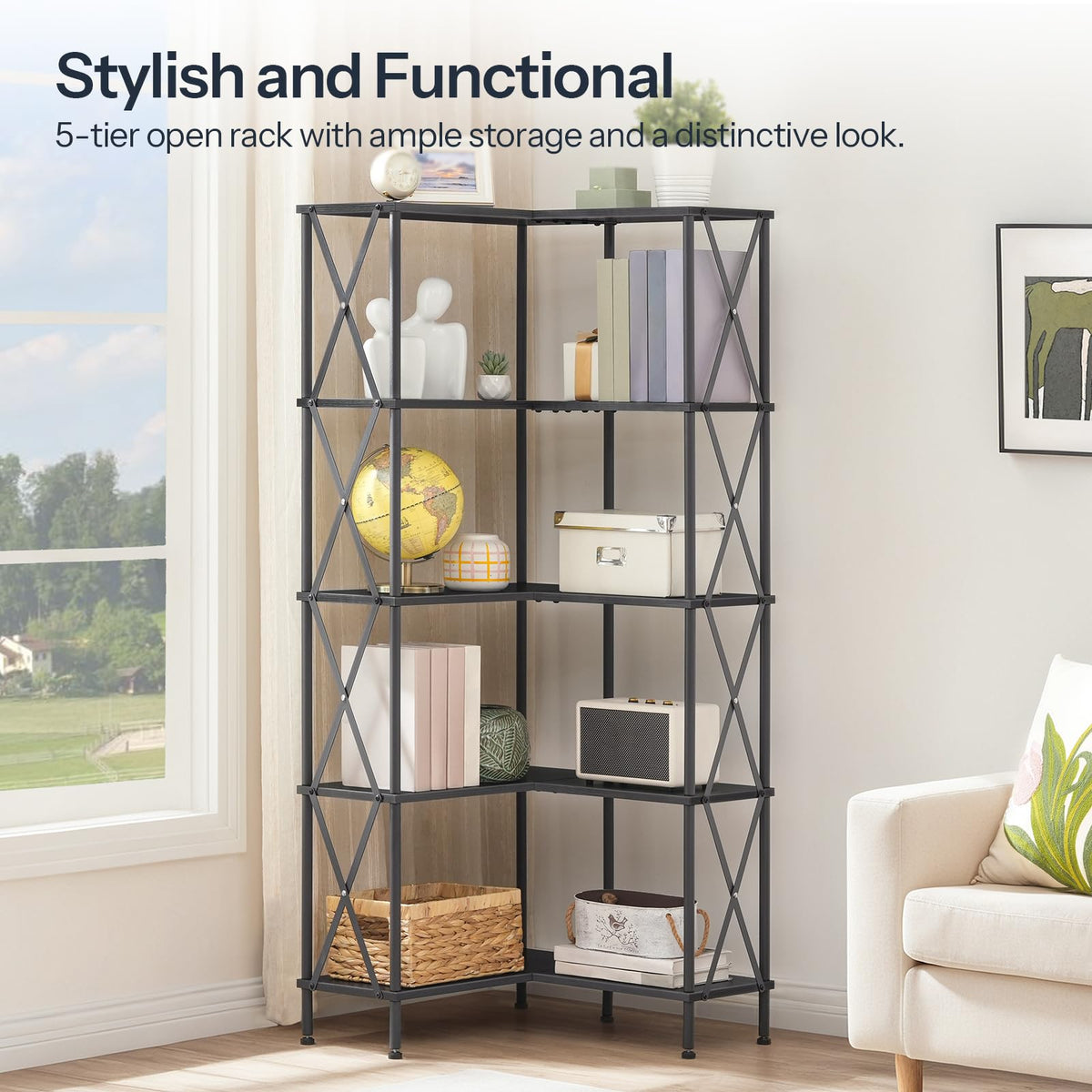 Black 5-Tier L-Shaped Corner Bookshelf U822