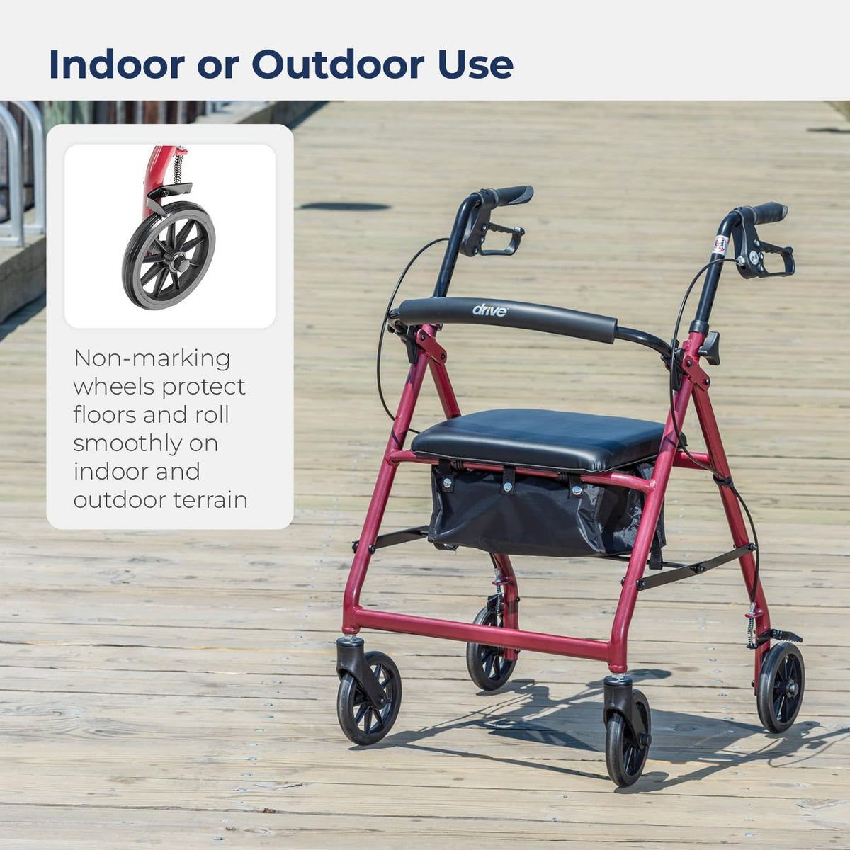 Red Aluminum Rollator Walker with Padded Seat and 6" Wheels D363