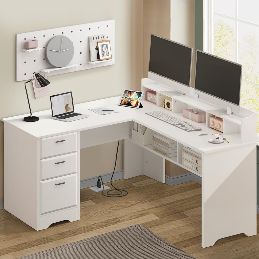 60" White L Shaped Desk with File Drawers H6842