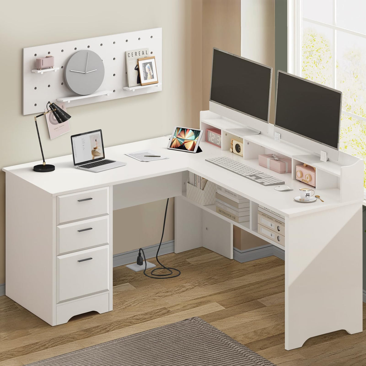 60" White L Shaped Desk with File Drawers H6842