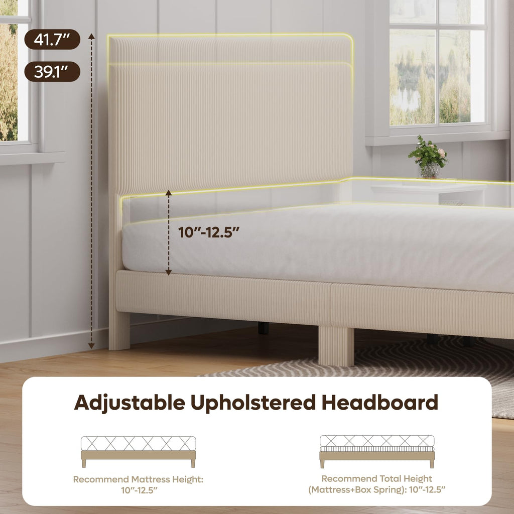 Queen Bed Frame with Headboard LED Lighting, Upholstered, Beige J67460