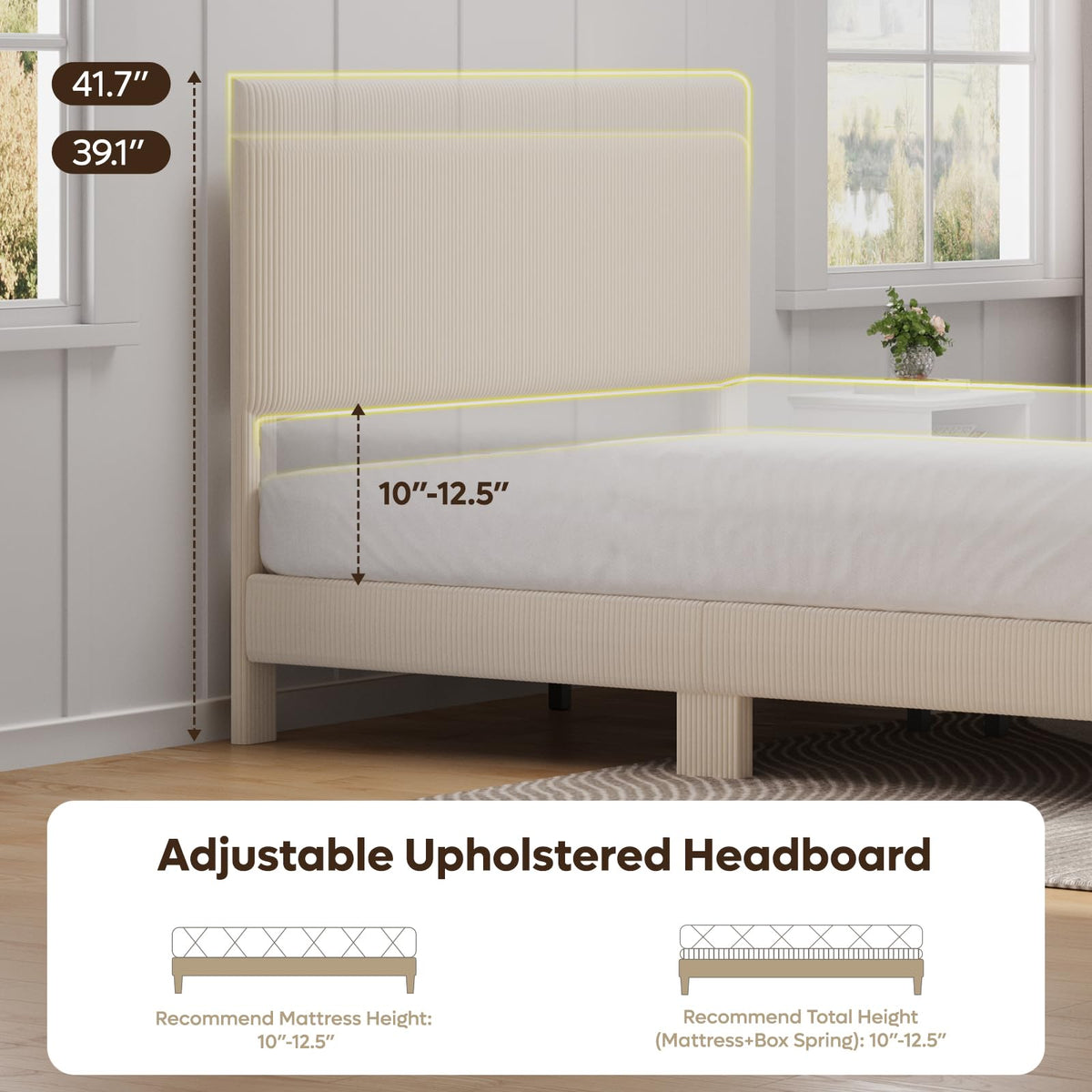 Queen Bed Frame with Headboard LED Lighting, Upholstered, Beige J67460