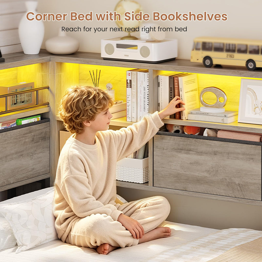Twin Corner Bed Daybed with 6 Storage Drawers Grey J437086