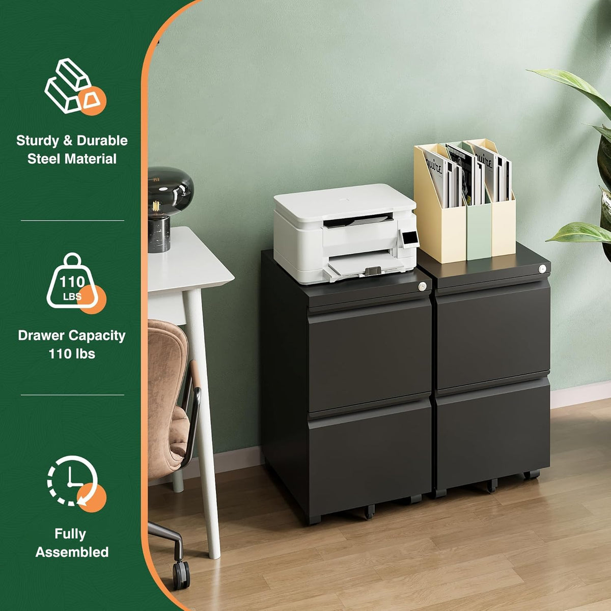 2 Drawer Black Metal Mobile File Cabinet with Lock U31044