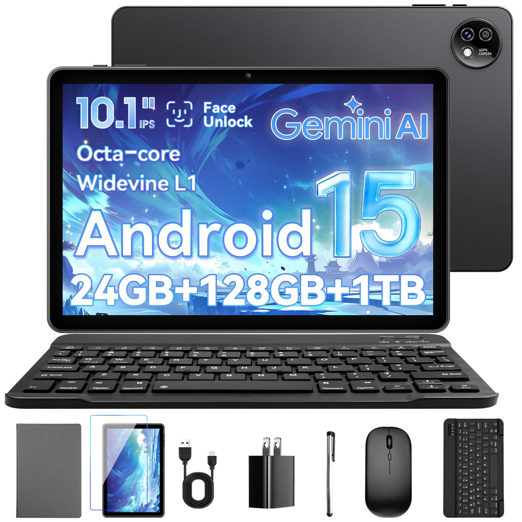 10.1 Inch Android 15 Tablet, 24GB RAM 128GB ROM, 1280 x 800 HD Display, 6000mAh Battery, 5MP+8MP Camera (Black) W205