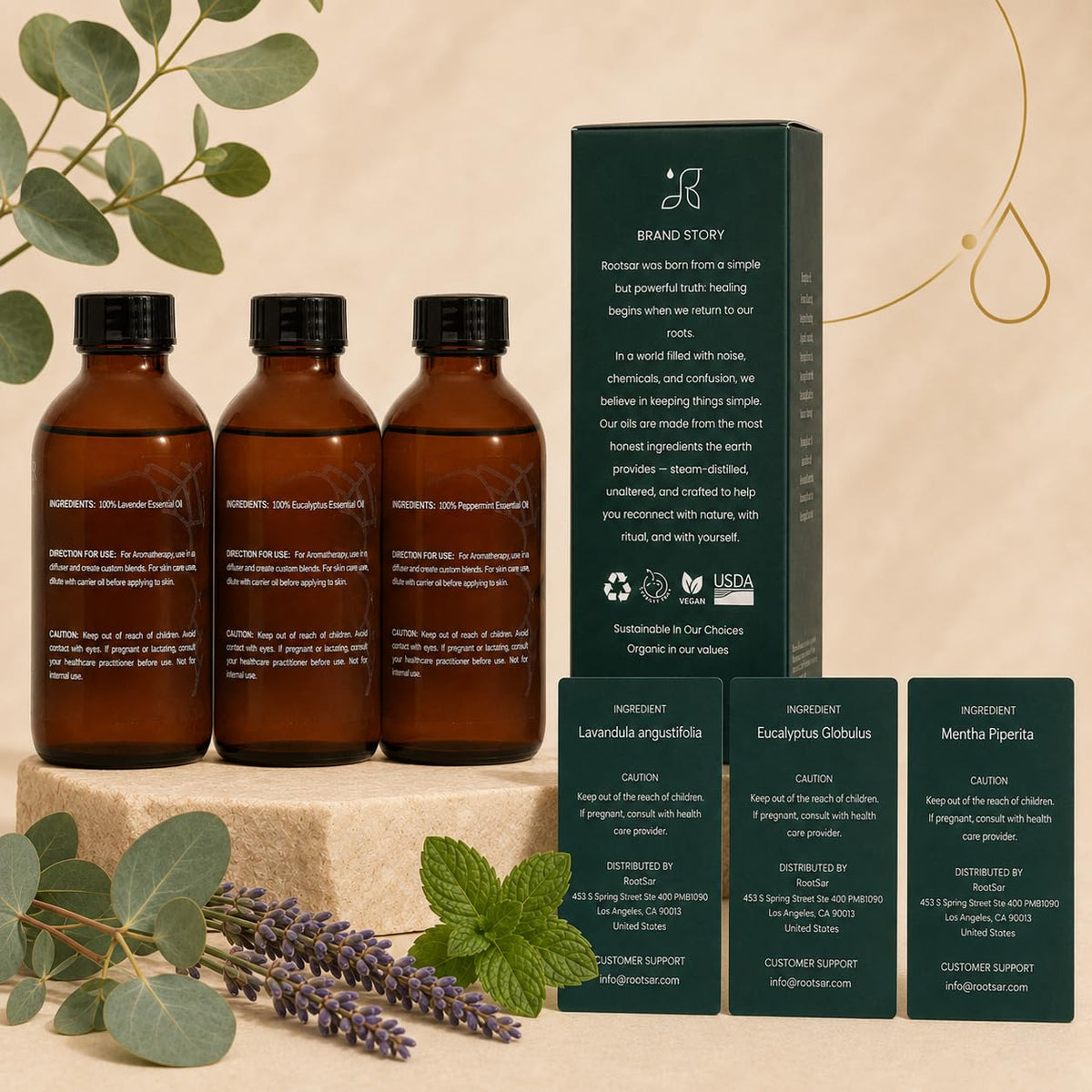 Pure Essential Oils Pack of 3 Lavender Peppermint Eucalyptus 4 Fl Oz Q5579