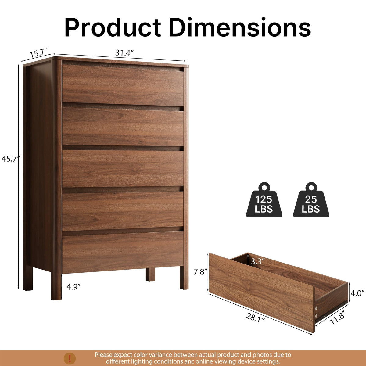 Walnut 5 Drawer Wood Dresser Q453