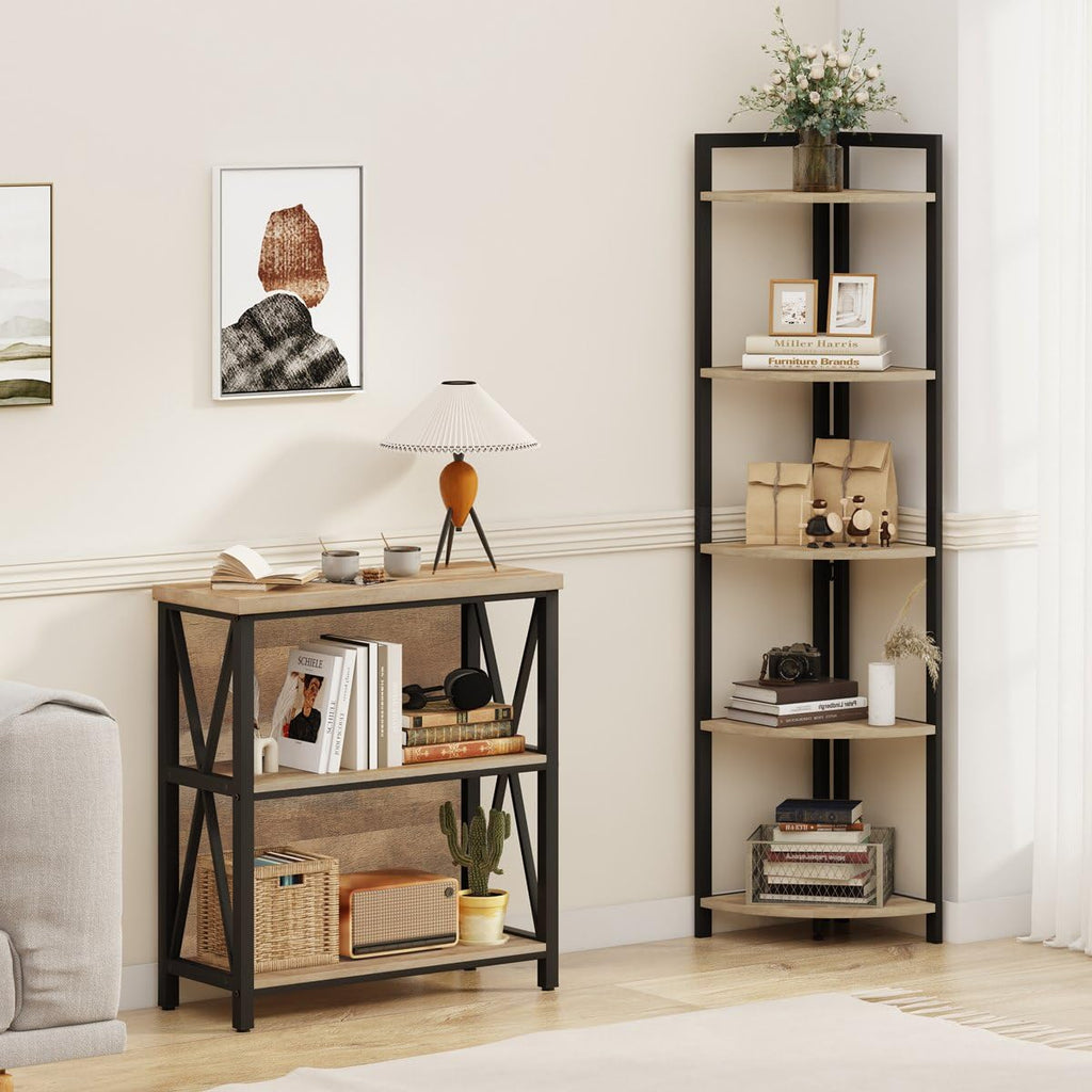 Tall Wood and Metal Corner Bookshelf F4517