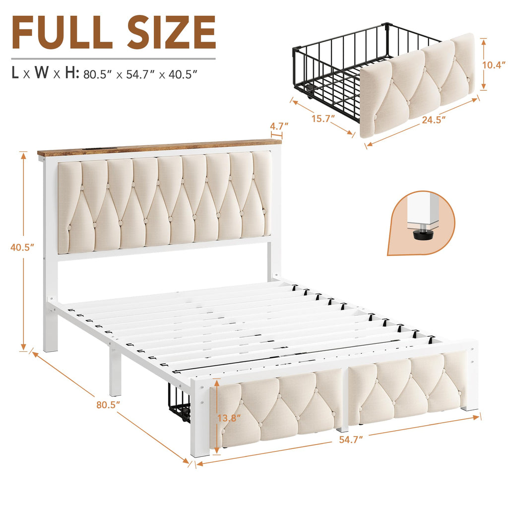 Beige Full Upholstered Platform Bed Frame with 2 Storage Drawers J831683