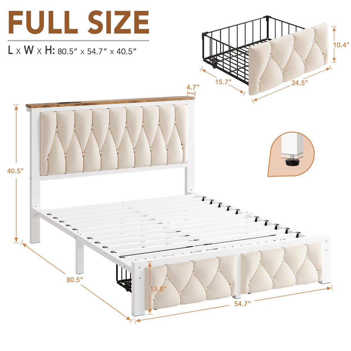 Beige Full Upholstered Platform Bed Frame with 2 Storage Drawers J831683