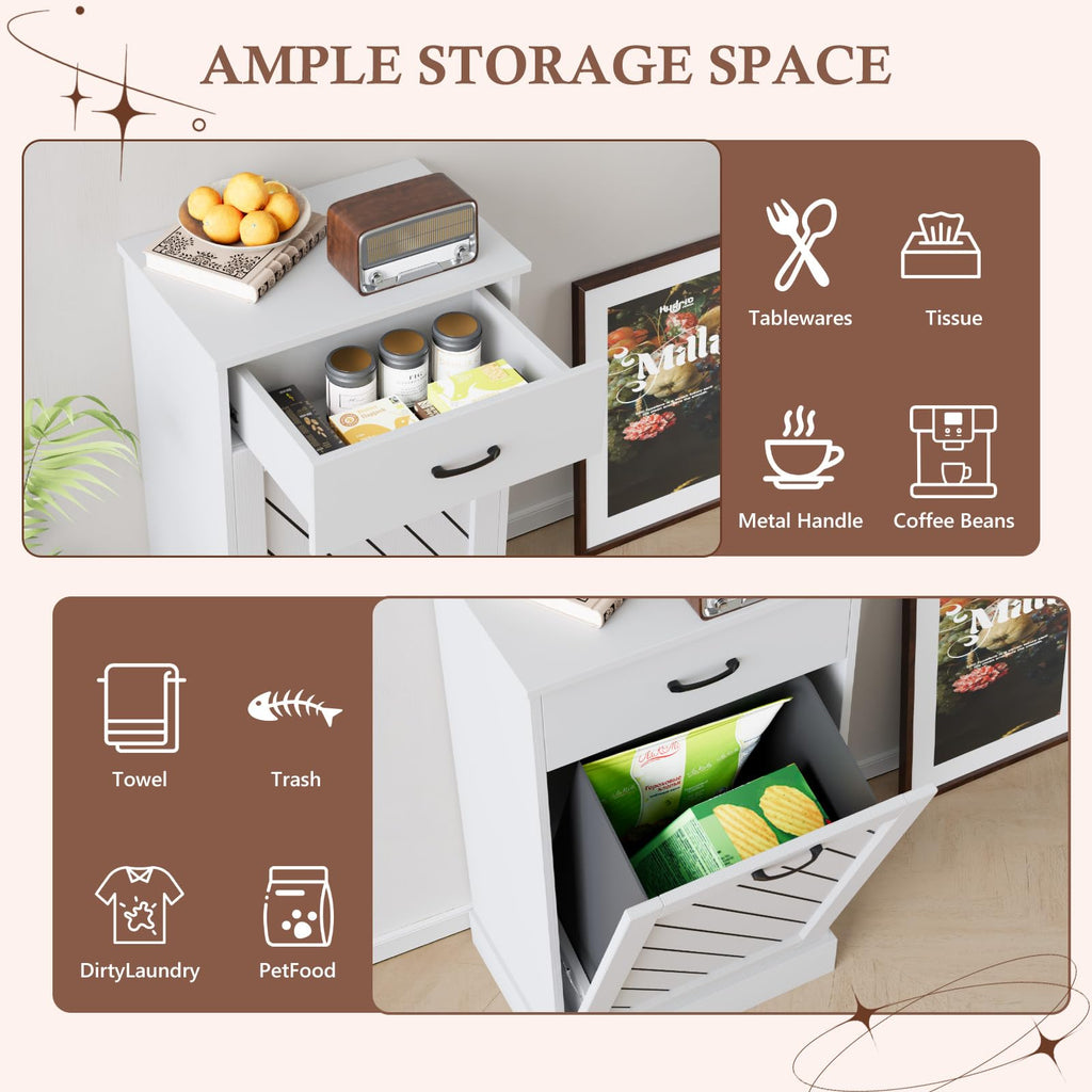 White 13 Gallon Tilt Out Wooden Trash Can Cabinet with Drawer S226580