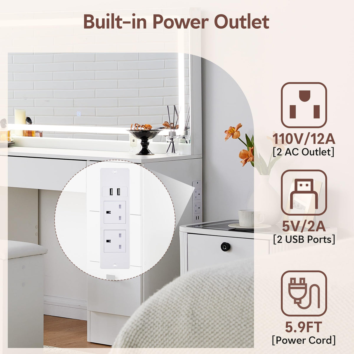 White 7 Drawer Vanity Desk with Mirror and Stool V89815
