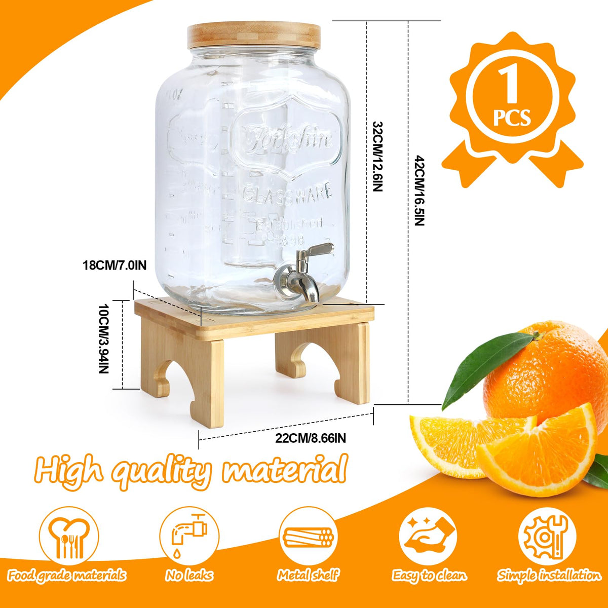 2 Gallon Glass Beverage Dispenser with Wood Stand M6904