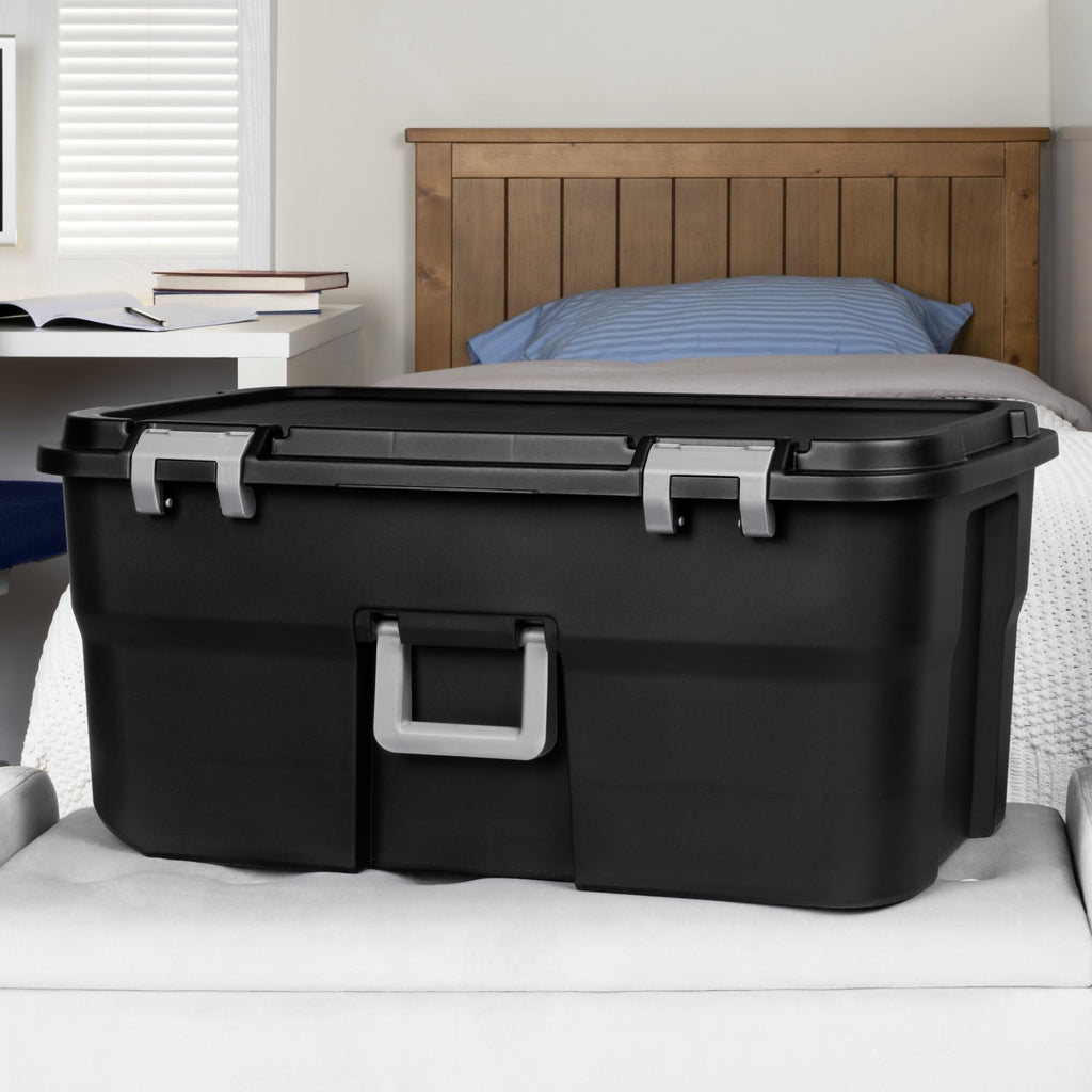 22 Gallon Black Wheeled Plastic Storage Trunk with Lockable Lid O762