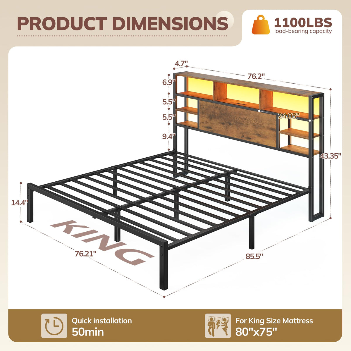 King Bed Frame with Storage Headboard and Charging Station P6449